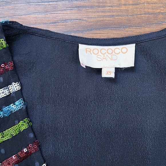 Rococo Sand • Sequin Striped Gown black chiffon rainbow swiss dot balloon sleeve - Picture 6 of 13